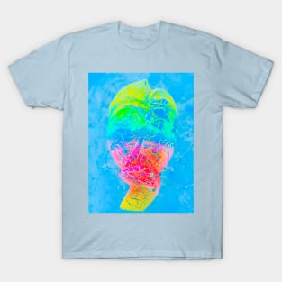 A bright multicolored Bali face mask on blue T-Shirt